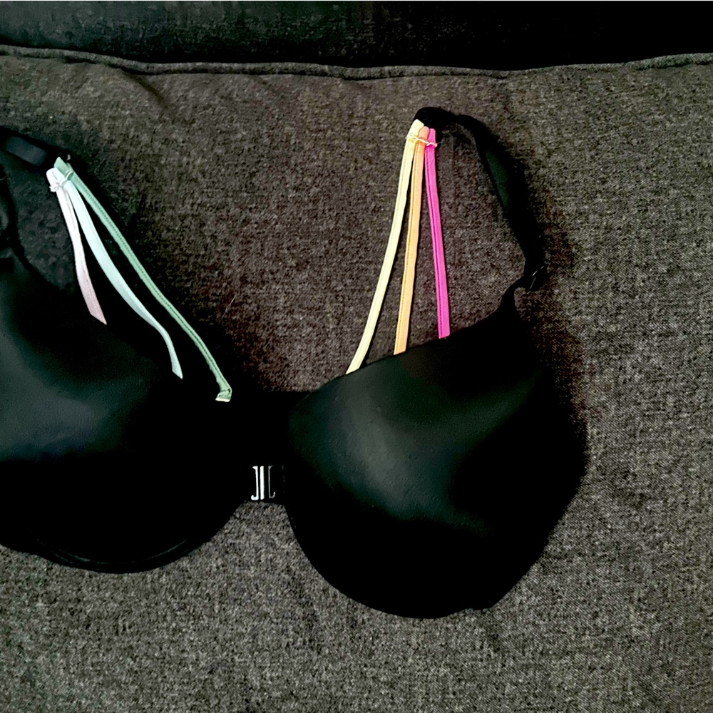 Va pink push-up bra 34D black with rainbow colored straps